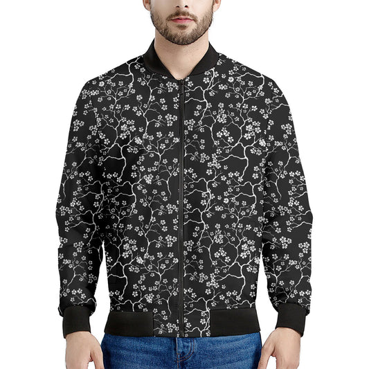 Black And White Cherry Blossom Print Men's Bomber Jacket