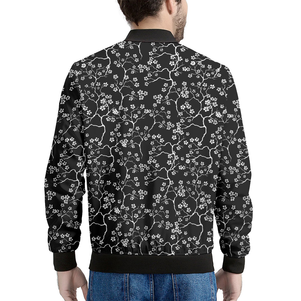 Black And White Cherry Blossom Print Men's Bomber Jacket