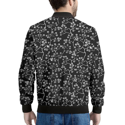 Black And White Cherry Blossom Print Men's Bomber Jacket