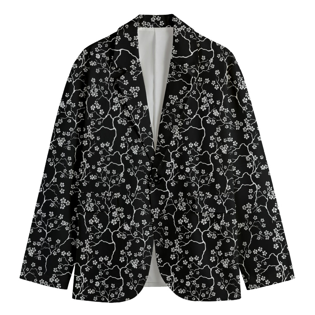 Black And White Cherry Blossom Print Men's Cotton Blazer
