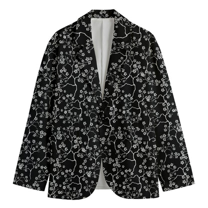Black And White Cherry Blossom Print Men's Cotton Blazer