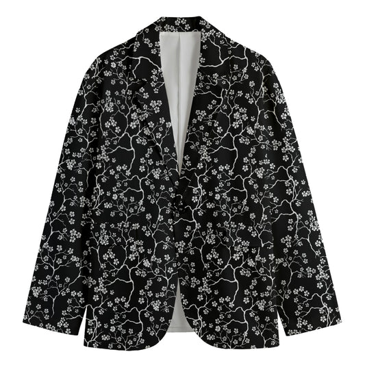 Black And White Cherry Blossom Print Men's Cotton Blazer