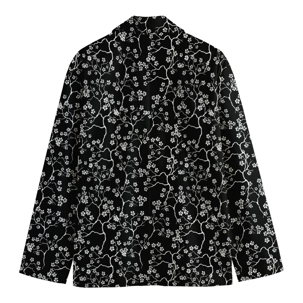 Black And White Cherry Blossom Print Men's Cotton Blazer