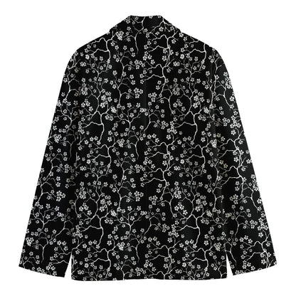 Black And White Cherry Blossom Print Men's Cotton Blazer