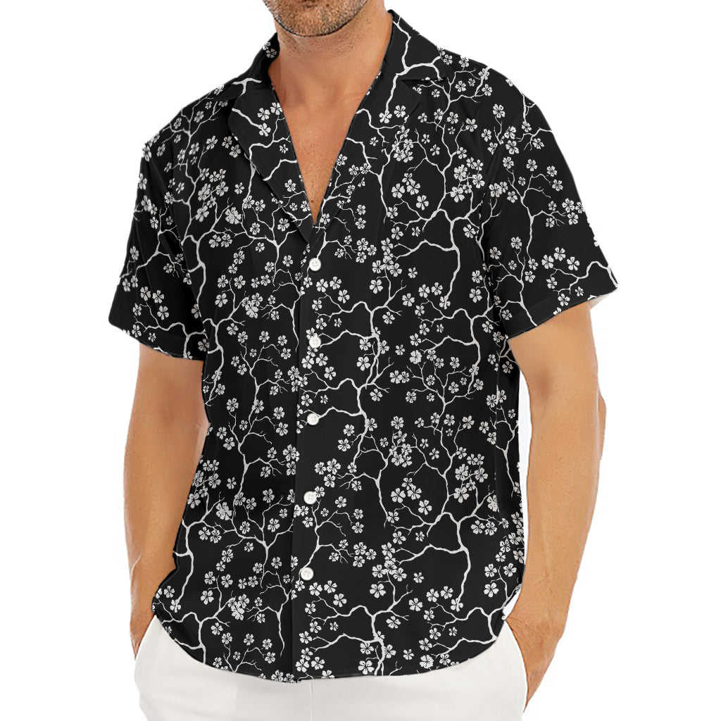 Black And White Cherry Blossom Print Men's Deep V-Neck Shirt