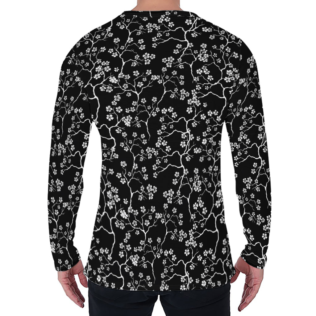 Black And White Cherry Blossom Print Men's Long Sleeve T-Shirt