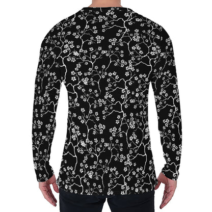 Black And White Cherry Blossom Print Men's Long Sleeve T-Shirt