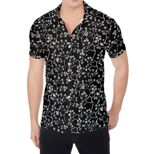 Black And White Cherry Blossom Print Men's Shirt