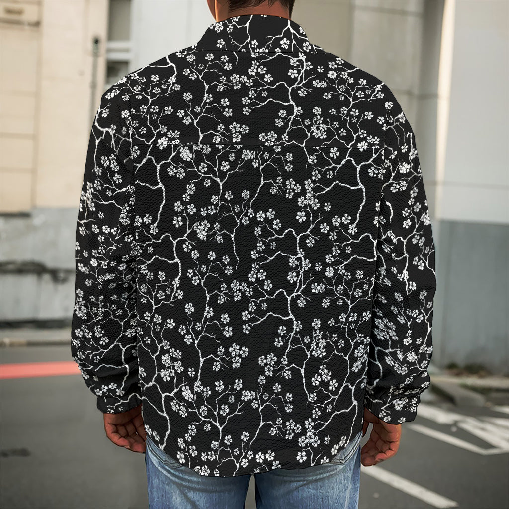 Black And White Cherry Blossom Print Men's Shirt Jacket