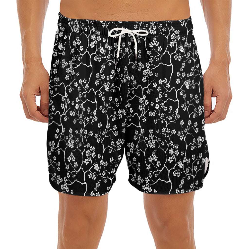 Black And White Cherry Blossom Print Men's Split Running Shorts