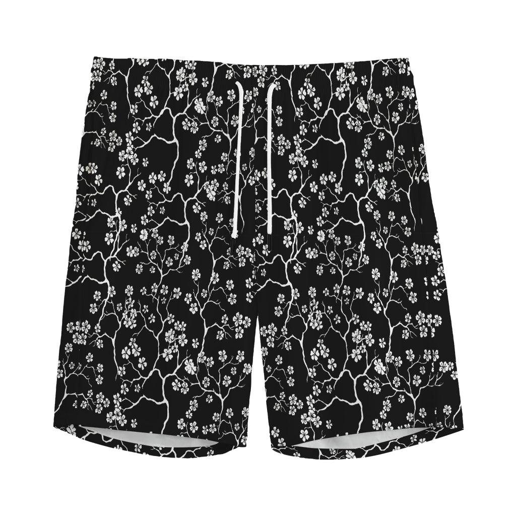 Black And White Cherry Blossom Print Men's Sports Shorts