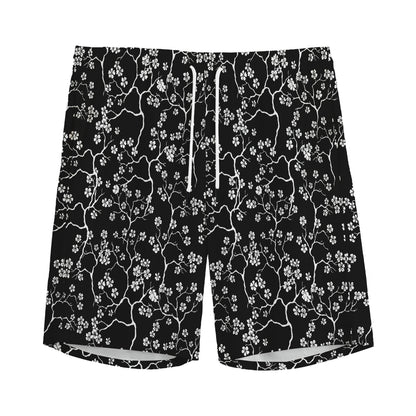 Black And White Cherry Blossom Print Men's Sports Shorts