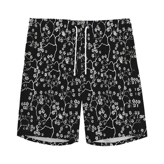Black And White Cherry Blossom Print Men's Sports Shorts