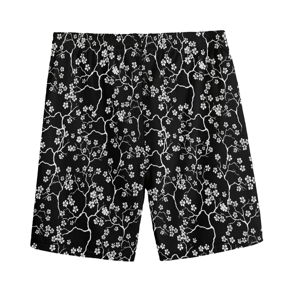 Black And White Cherry Blossom Print Men's Sports Shorts