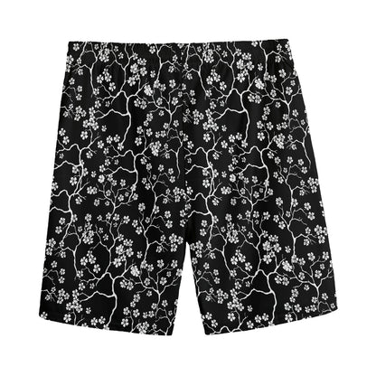 Black And White Cherry Blossom Print Men's Sports Shorts