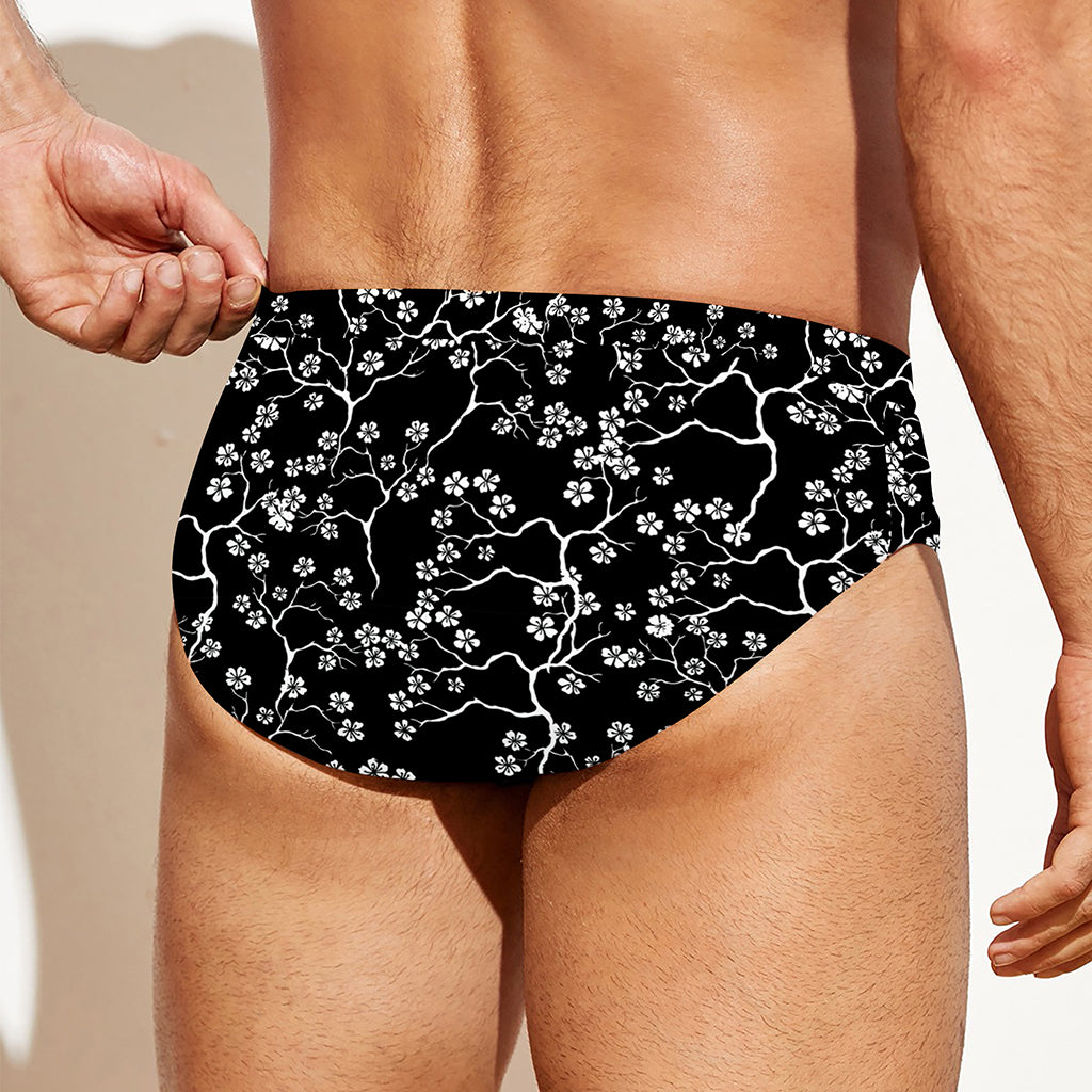 Black And White Cherry Blossom Print Men's Swim Briefs