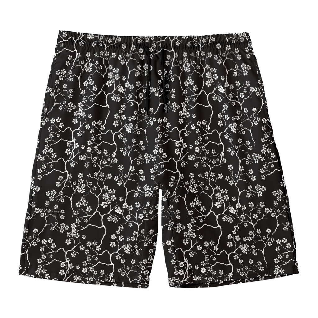 Black And White Cherry Blossom Print Men's Swim Trunks