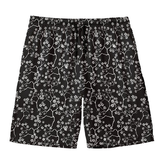 Black And White Cherry Blossom Print Men's Swim Trunks