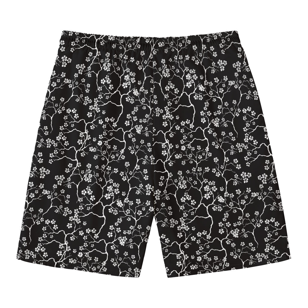 Black And White Cherry Blossom Print Men's Swim Trunks