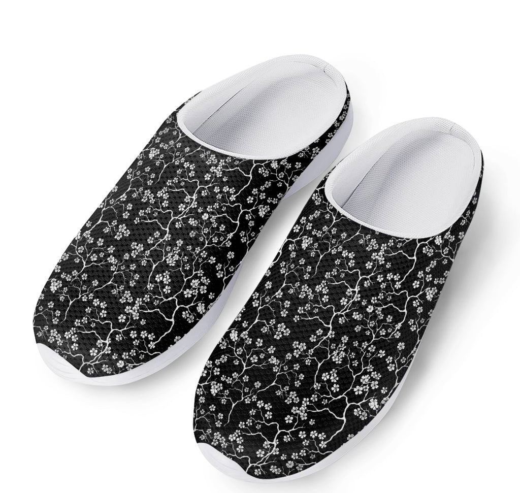 Black And White Cherry Blossom Print Mesh Casual Shoes