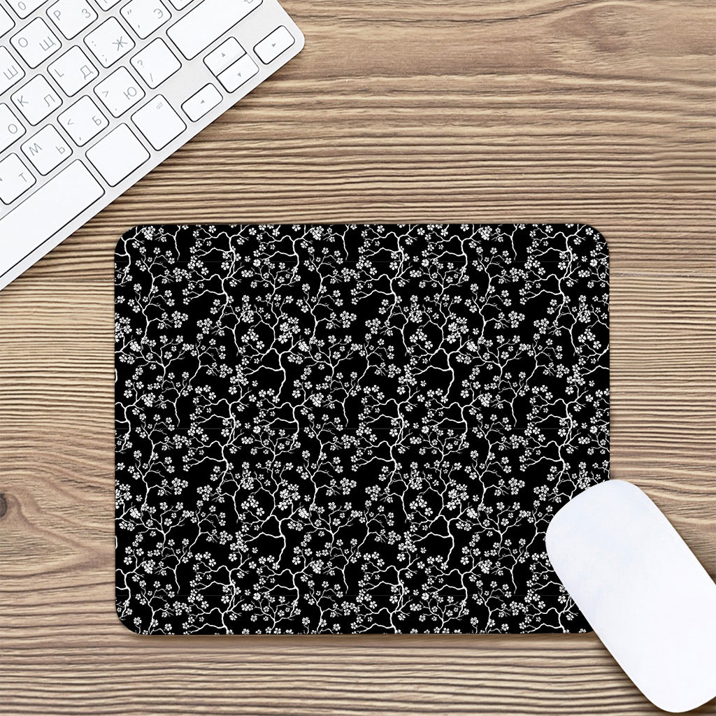 Black And White Cherry Blossom Print Mouse Pad