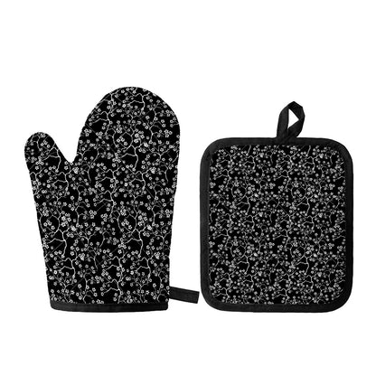 Black And White Cherry Blossom Print Oven Mitt And Pot Holder Set