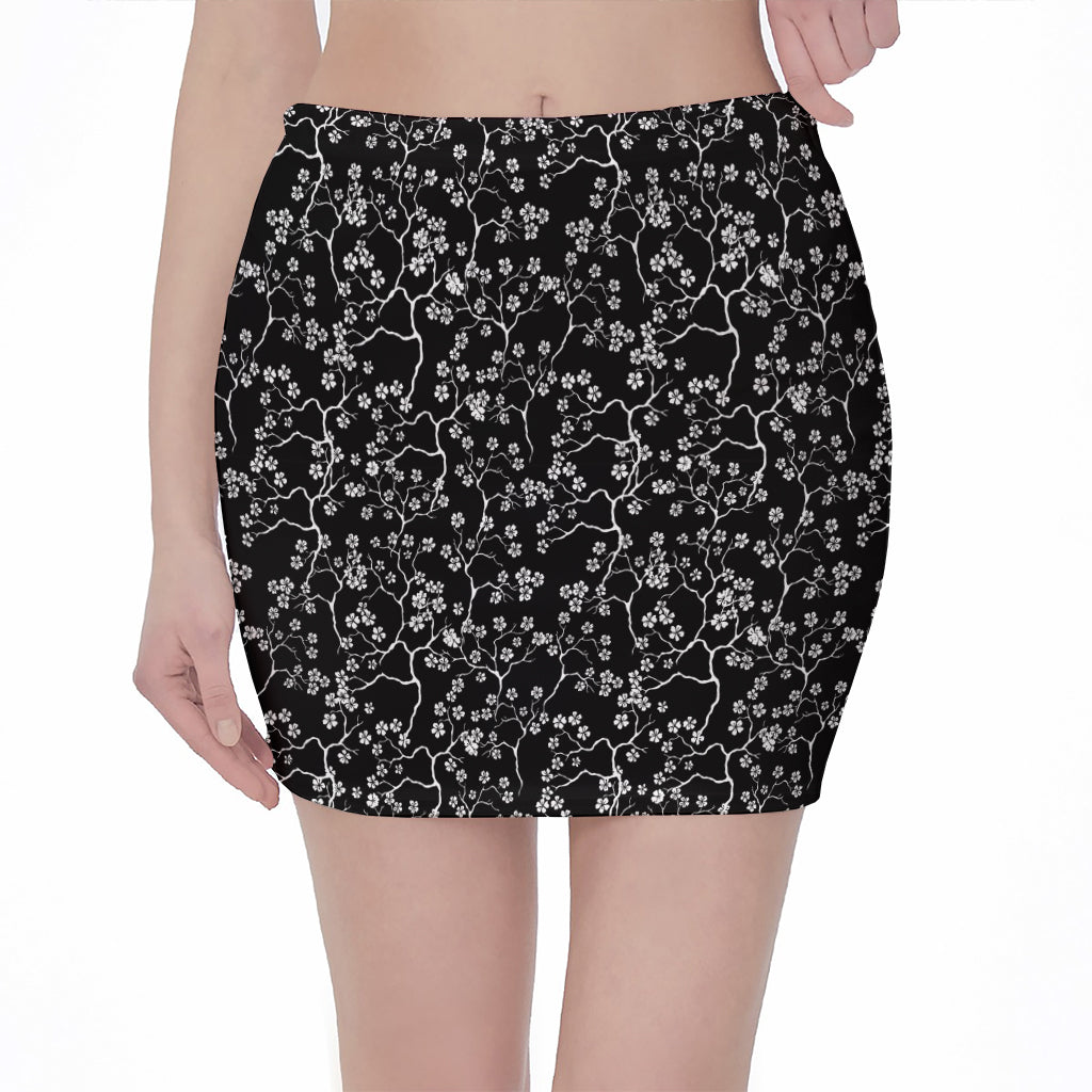 Black And White Cherry Blossom Print Pencil Mini Skirt
