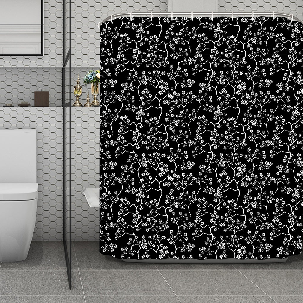Black And White Cherry Blossom Print Polyester Shower Curtain