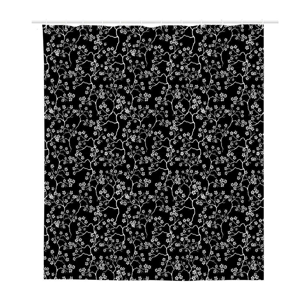 Black And White Cherry Blossom Print Polyester Shower Curtain