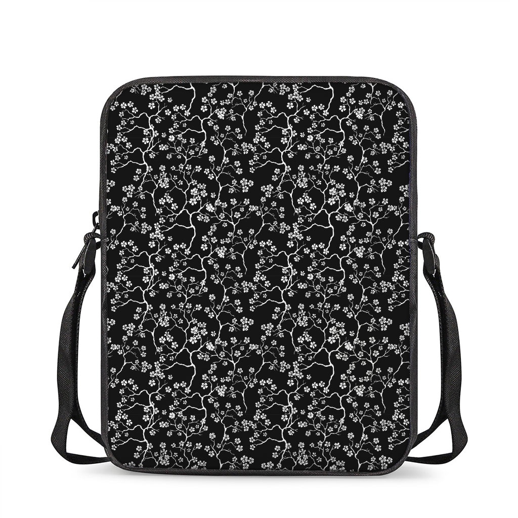Black And White Cherry Blossom Print Rectangular Crossbody Bag