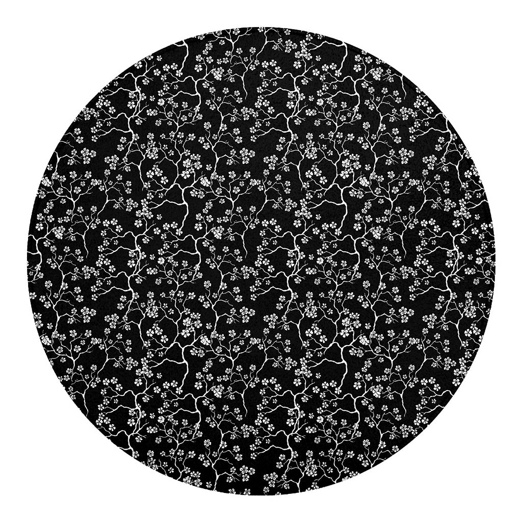 Black And White Cherry Blossom Print Round Blanket