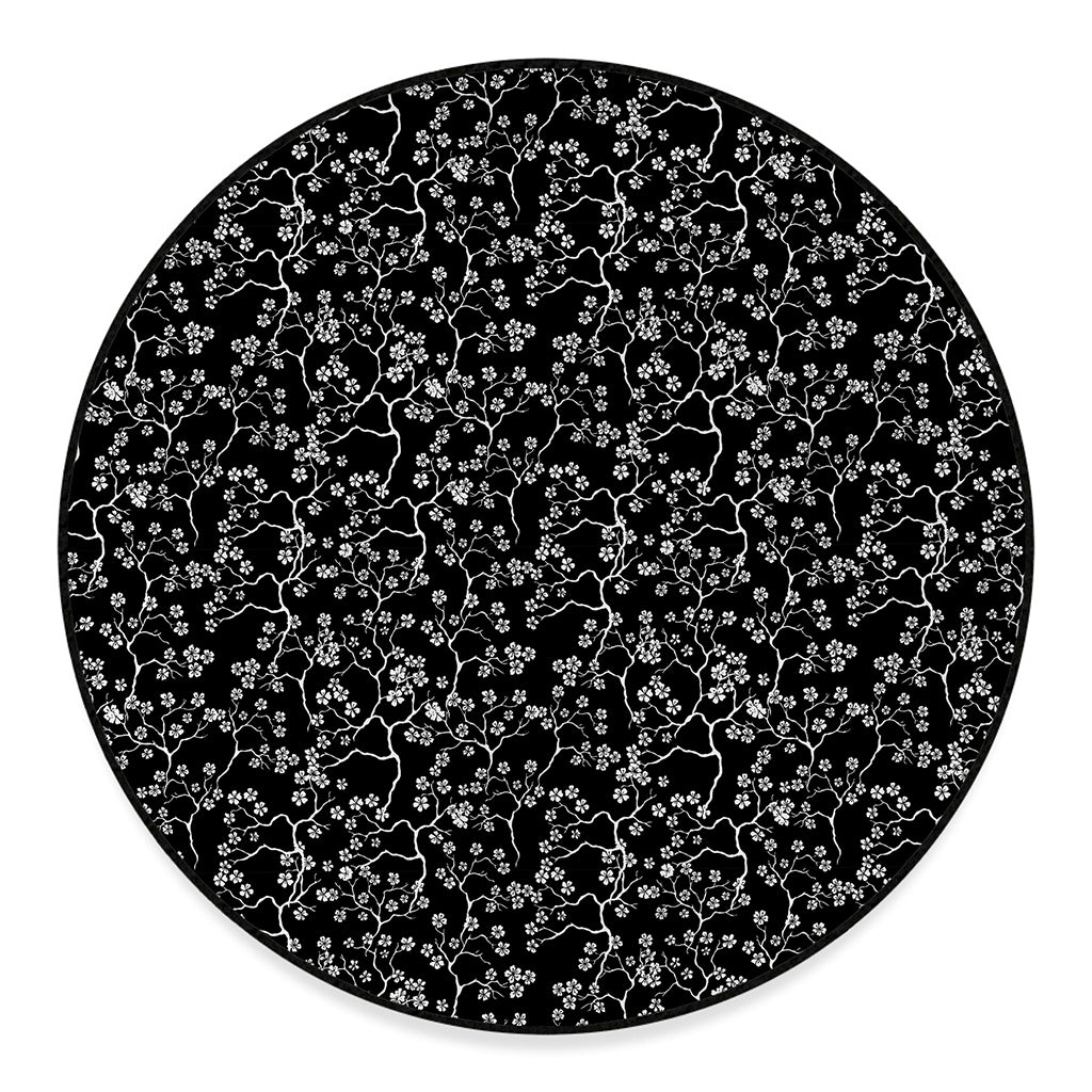 Black And White Cherry Blossom Print Round Floor Mat