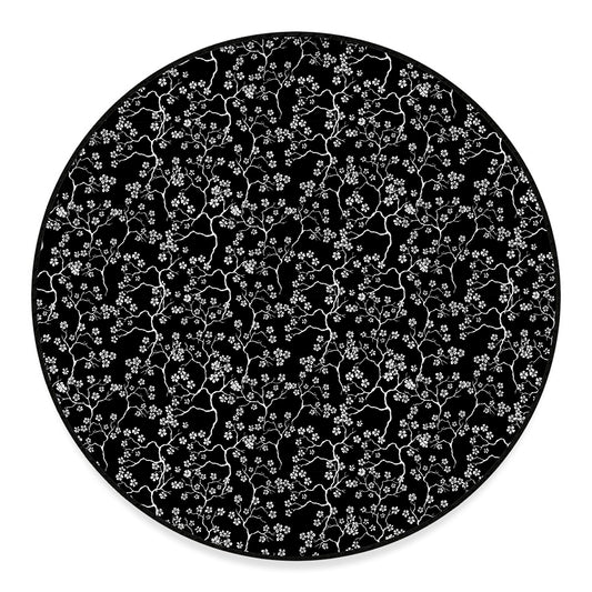 Black And White Cherry Blossom Print Round Floor Mat
