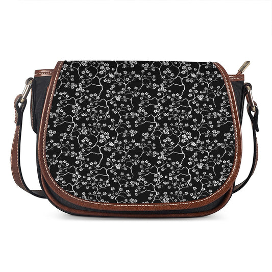Black And White Cherry Blossom Print Saddle Bag