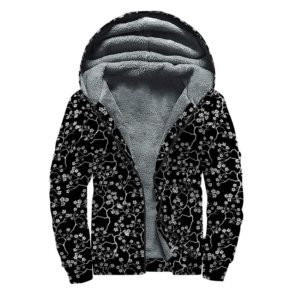 Black And White Cherry Blossom Print Sherpa Lined Zip Up Hoodie