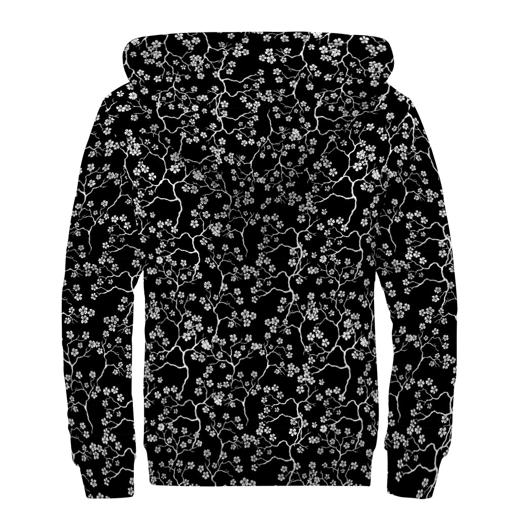 Black And White Cherry Blossom Print Sherpa Lined Zip Up Hoodie