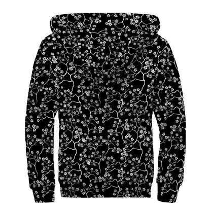 Black And White Cherry Blossom Print Sherpa Lined Zip Up Hoodie
