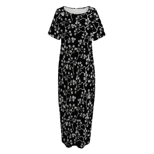 Black And White Cherry Blossom Print Short Sleeve Long Nightdress