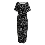 Black And White Cherry Blossom Print Short Sleeve Long Nightdress