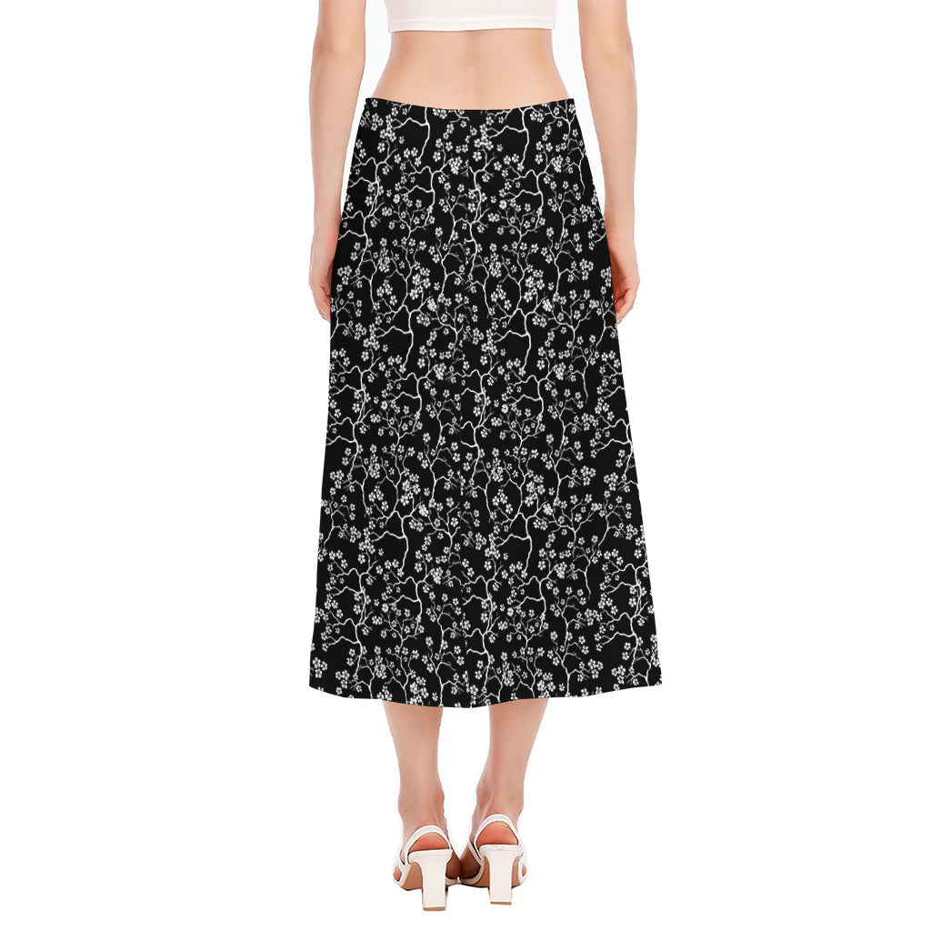 Black And White Cherry Blossom Print Side Slit Midi Skirt