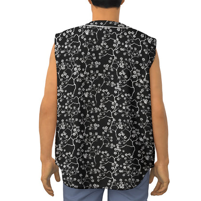 Black And White Cherry Blossom Print Sleeveless Baseball Jersey