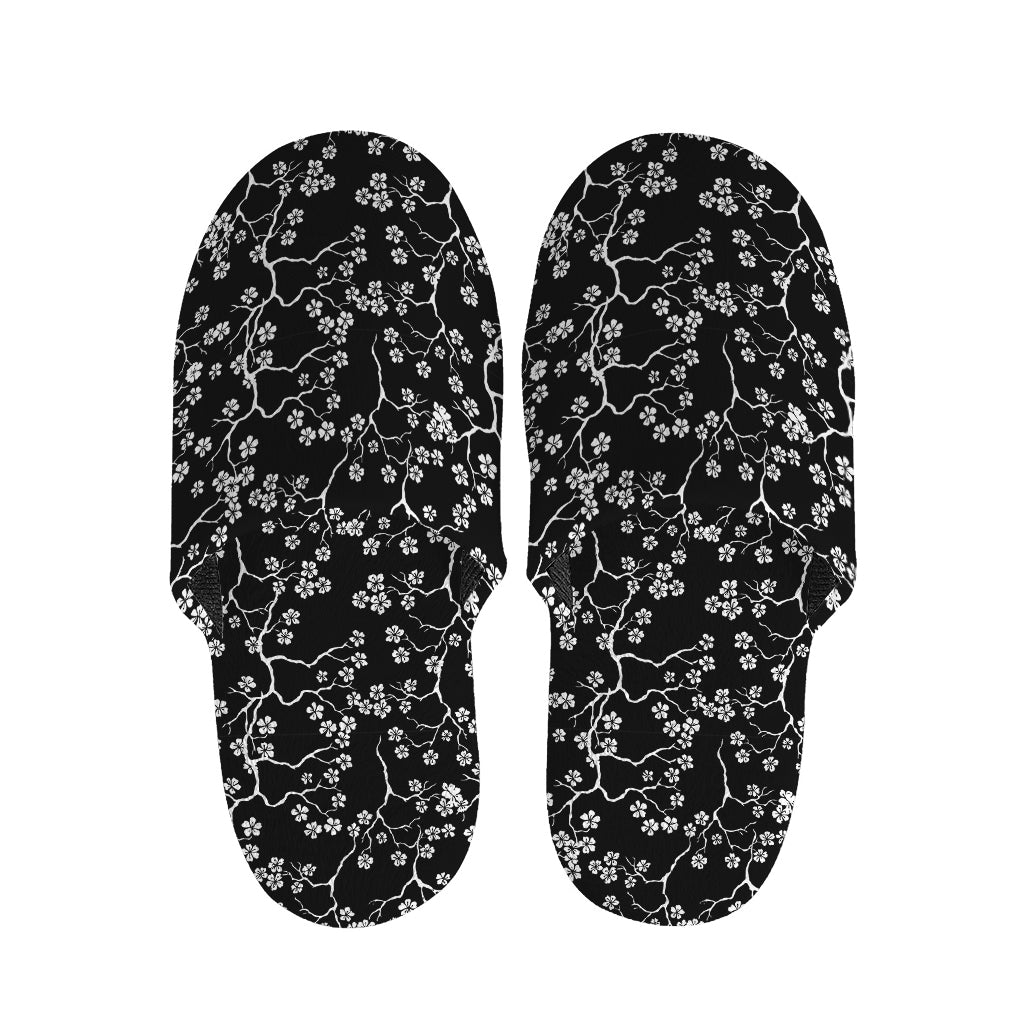 Black And White Cherry Blossom Print Slippers