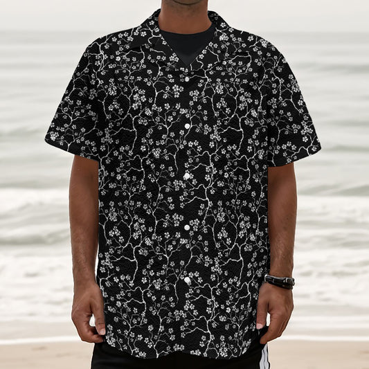 Black And White Cherry Blossom Print Textured Short Sleeve Shirt