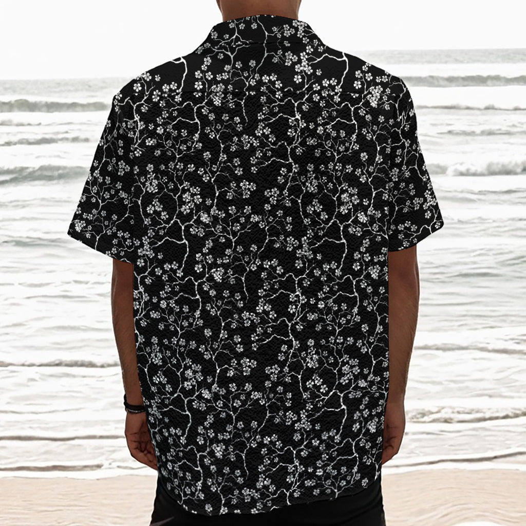 Black And White Cherry Blossom Print Textured Short Sleeve Shirt