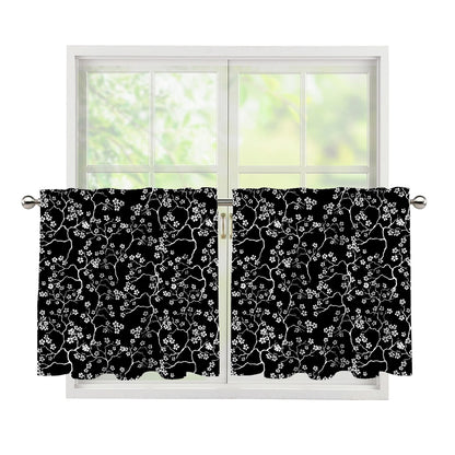 Black And White Cherry Blossom Print Tier Curtains