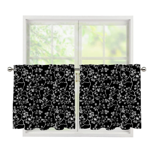 Black And White Cherry Blossom Print Tier Curtains