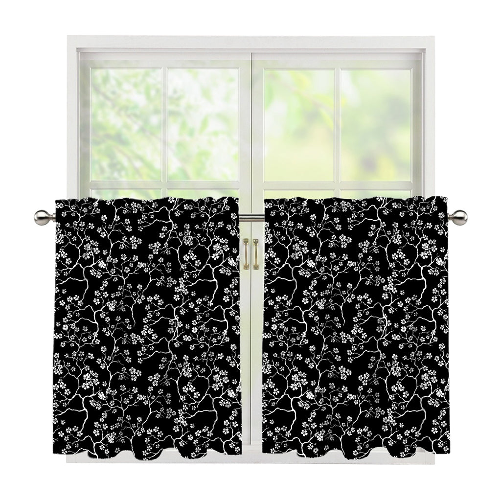 Black And White Cherry Blossom Print Tier Curtains