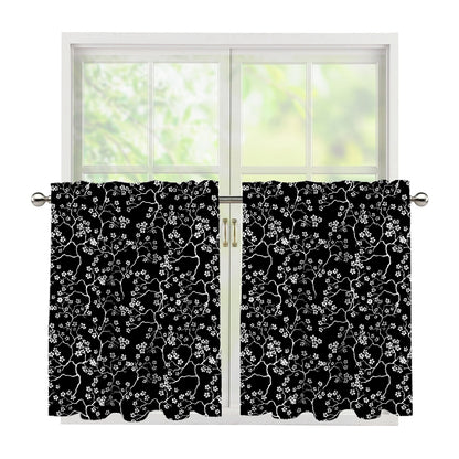 Black And White Cherry Blossom Print Tier Curtains