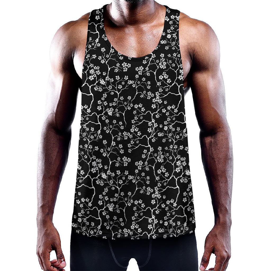 Black And White Cherry Blossom Print Training Tank Top