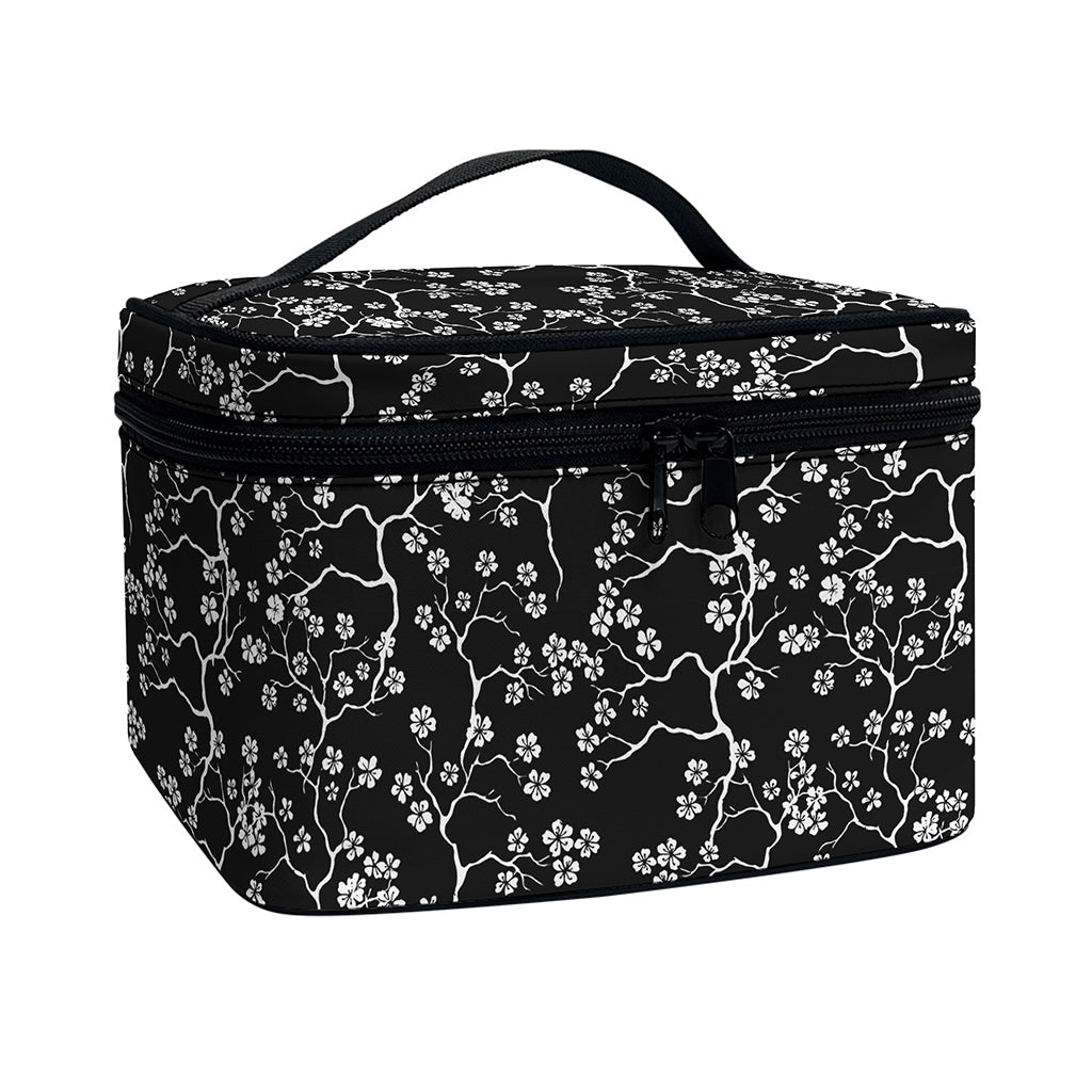 Black And White Cherry Blossom Print Travel Makeup Bag